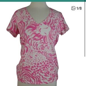 Lilly Pulitzer Michele V Neck Top in Pink & White 'Get Spotted' Size Medium EUC